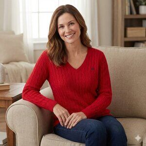 Chaps 100% Cotton Size 2X Classic Red Preppy Academia V-Neck Cableknit Sweater